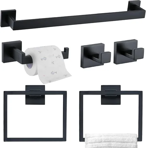 Vista 9 de Juego de 4 soportes para toallas de baño, juego de accesorios de baño de acero inoxidable negro y dorado, montaje en pared, 23.6 pulgadas