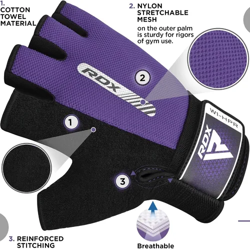 Vista 4 de RDX Guantes de levantamiento de pesas para gimnasio, entrenamiento de fitness, protección completa acolchada antideslizante, ultra ventilados