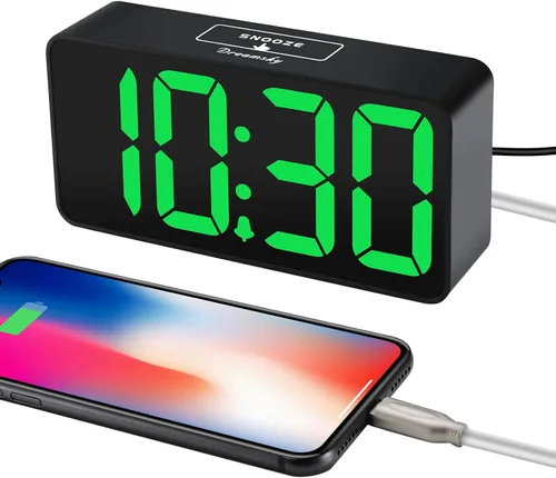 Vista 4 de DreamSky - Reloj despertador digital pequeño para dormitorio con números grandes Electric Bedside Desk Clock with USB Charging Port, Brightness