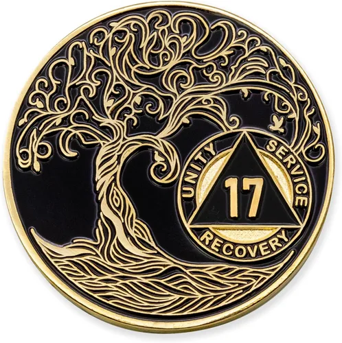 Vista 120 de 1 año Sobriety Mint Twisted Tree of Life Medallón de recuperación AA chapado en oro, chip/ficha - negro
