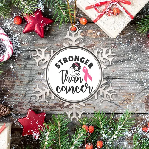 Vista 7 de Adorno colgante de Navidad Stronger Than Cancer Brest Cancer Awareness Metal Copo de nieve Adornos de Navidad Recuerdo Rosa Sobreviviente de Cáncer