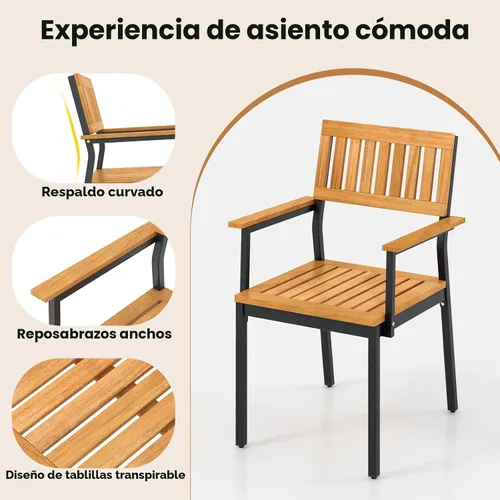Vista 6 de Tangkula Juego de comedor al aire libre de 7 piezas para 6, mesa de comedor rectangular de madera de acacia y 6 sillones con marco de metal, agujero
