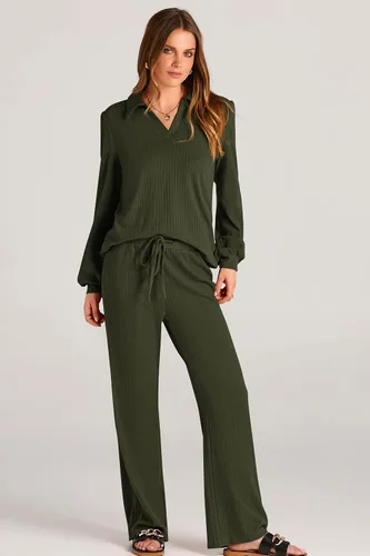 Vista 4 de PRETTYGARDEN Conjunto de dos piezas de ropa de otoño para mujer, manga larga, solapa, cuello en V, blusas, pantalones de pierna ancha, chándal