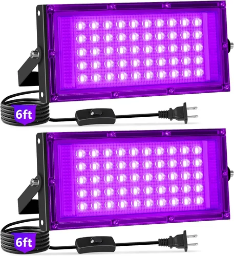 Vista 8 de 100W LED Black Lights with Switch+Plug, IP66 Waterproof, 1 Pack Blacklight Flood Light for Halloween, Neon Glow Party Supply, Bedroom, Fluorescent