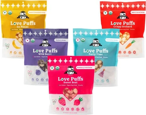 Vista 16 de Lord Jameson Cheddar Charm Colección Love Puffs ligeros y crujientes Golosinas orgánicas para perros, receta de queso, sin gluten, sin
