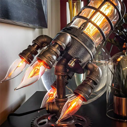 Vista 4 de Lámpara de escritorio estilo cohete industrial vintage, mesita de noche, mesa de noche, acabado de bronce claro, 4 luces de propulsión + lámpara
