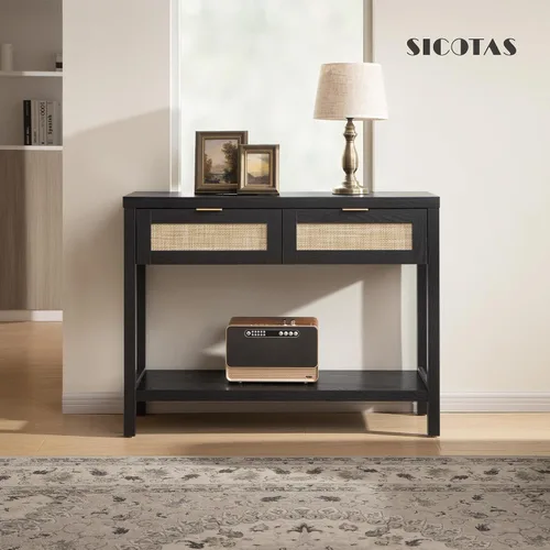 Vista 4 de SICOTAS Mesa consola negra con cajones de ratán - Mesa de entrada de ratán boho con almacenamiento, mesas consola pequeñas para entrada, mesa