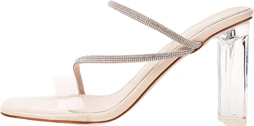 Vista 4 de vivianly Sandalias de tacón con tiras transparentes con diamantes de imitación para mujer, con puntera cuadrada, tacones altos, deslizantes, vestido