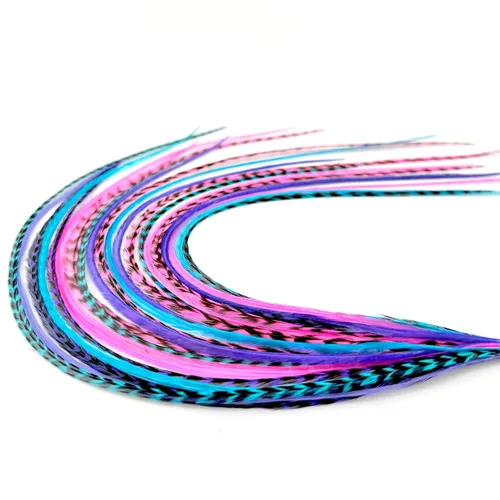 Vista 10 de 21 extensiones de cabello de color azul, kit de gallo de 9 a 14 pulgadas de largo, con 20 cuentas de microenlace, plumas 100% reales, estilo bohemio