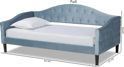 Vista 10 de Baxton Studio Benjamin - Sofá cama de tamaño matrimonial de madera con acabado marrón claro moderno y contemporáneo de terciopelo azul claro