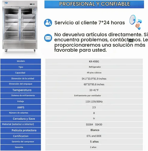 Vista 4 de Refrigerador de bebidas, refrigerador de bebidas de 49 pies cúbicos con puerta de vidrio, refrigerador comercial con 8 estantes ajustables