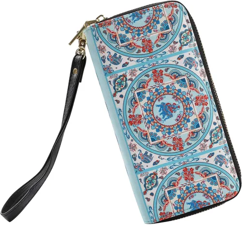Vista 3 de LATH.PIN Cartera bohemia con bloqueo RFID, bolso de lona con patrón de elefante con bolsillo para monedas y correa