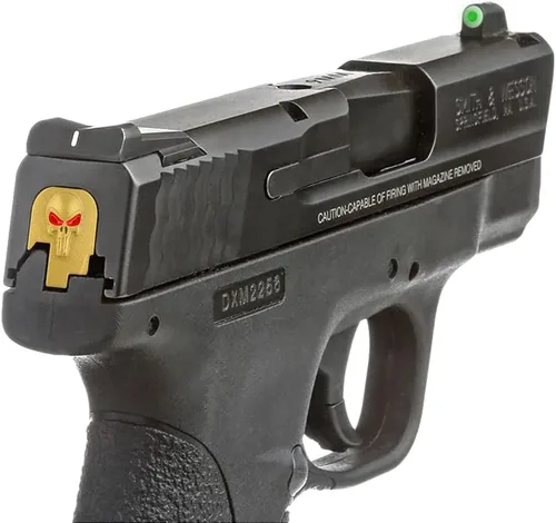 Vista 5 de Placas de aluminio 3D para Smith & Wesson SW MP Shield Subcompact M2.0 0.354 in/.40 accesorios, Golden Skull Red Eyes