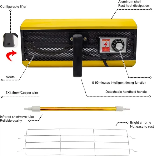 Vista 3 de DATOU BOSS Lámpara de curado de pintura infrarroja 2000 W 110 V con temporizador inteligente Lámpara de curado de pintura infrarroja portátil