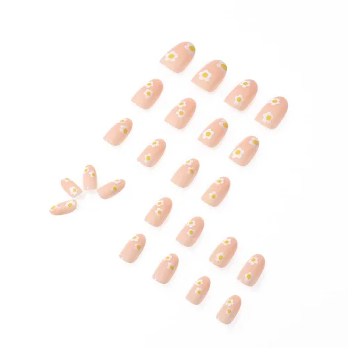 Vista 2 de 24 uñas postizas cortas de color nude a presión, lindas uñas postizas de almendra, uñas acrílicas con margaritas, uñas postizas de cobertura