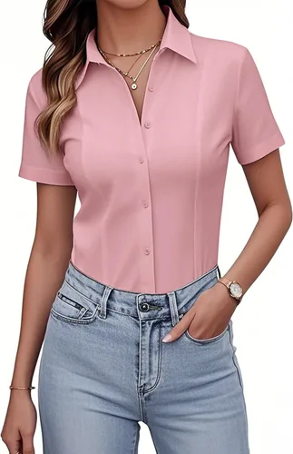 Vista 15 de Siliteelon Camisetas de Botón para Mujer, Ajustadas, de Manga Corta, Elásticas, Camisa de Vestir, Sin Arrugas, Sólida, Blusa de Trabajo