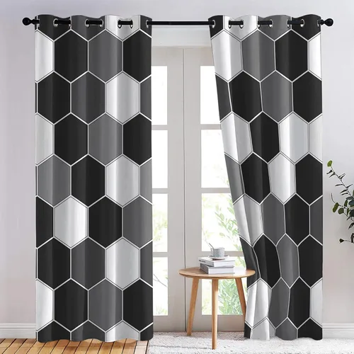 Vista 3 de Cortinas hexagonales blancas y negras, cortinas opacas geométricas para dormitorio, cortinas de ventana modernas, cortinas abstractas llamativas