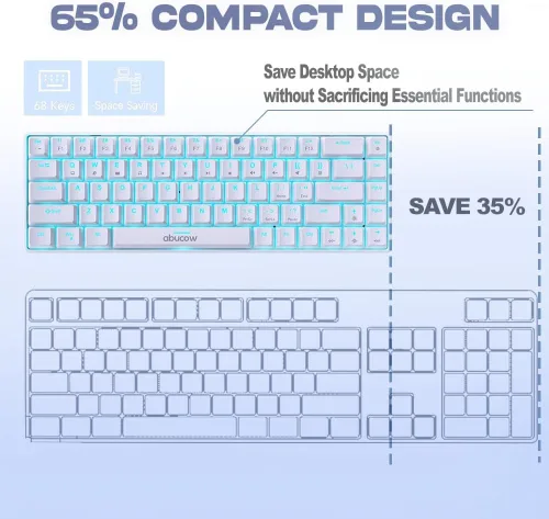 Vista 4 de abucow Teclado mecánico 65% para juegos, interruptor negro, teclado compacto con cable con luz de fondo azul, teclas blancas intercambiables