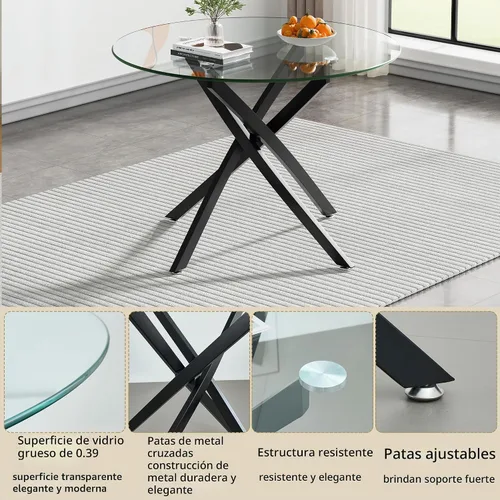 Vista 5 de HomVent Juego de mesa de comedor redonda de vidrio de 3 piezas para 2 con 2 Mesa negra con 2 sillas grises de PU