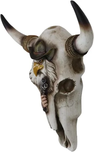 Vista 3 de Ebros Gift Rústico vaquero de águila occidental con pistola revólver cuerdas, cráneo de vaca, decoración de pared, escultura, fauna silvestre