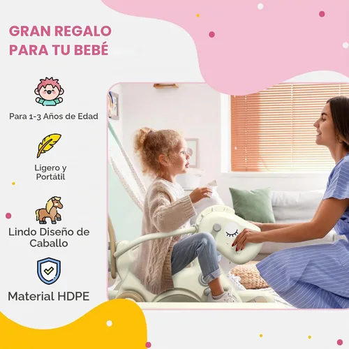 Vista 5 de Qaba Caballo Mecedor 5 en 1 para Niños Pequeños, Juguete Mecedor con Resorte para Niños, Carrito de Empuje de Bicicleta de Equilibrio con Base