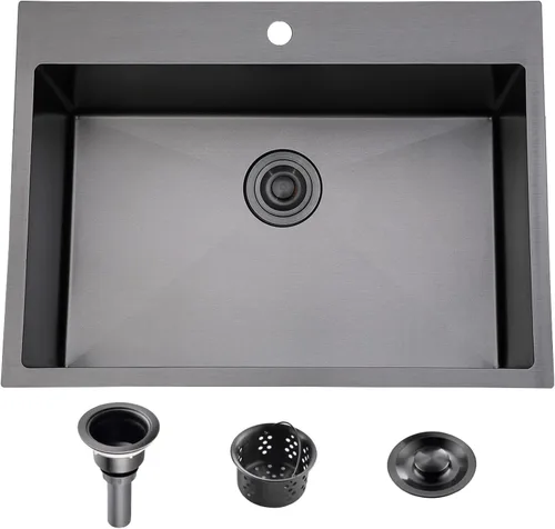 Vista 10 de Friho Fregadero de barra empotrable negro de 15 x 15 pulgadas, fregadero de cocina de acero inoxidable de un solo tazón montado en superficie