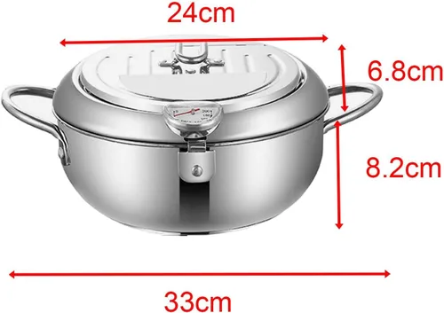 Vista 4 de Olla de acero inoxidable, sartén de aceite con termómetro, freidora de fondo plano desmontable de 7.9 in/9.4 in para anillos de calamar perfectos