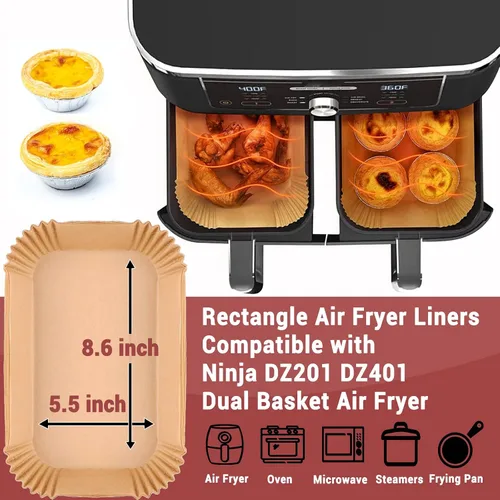 Vista 2 de 95 forros para freidora de aire para Ninja, 8.6 x 5.5 pulgadas, papel desechable para freidora de aire doble, papel pergamino antiadherente sin