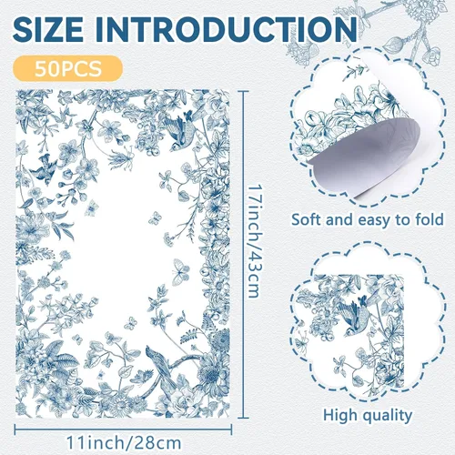 Vista 2 de 50 paquetes de manteles de papel con diseño de flores y pájaros, desechables, azules y blancos, manteles de papel floral de 11 x 17 pulgadas