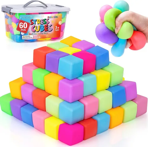 Vista 14 de Paquete de 12 cubos de estrés de aumento lento, bolas de estrés para masa, juguetes para aliviar la ansiedad, cubo suave, juguetes elásticos