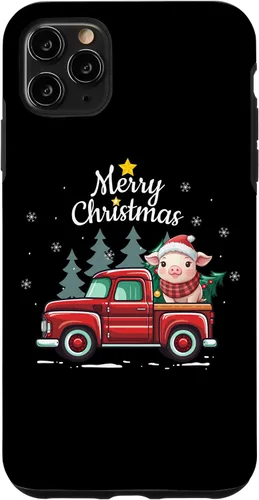 Vista 11 de Funda divertida para iPhone 15 Pig Christmas Truck Plaid