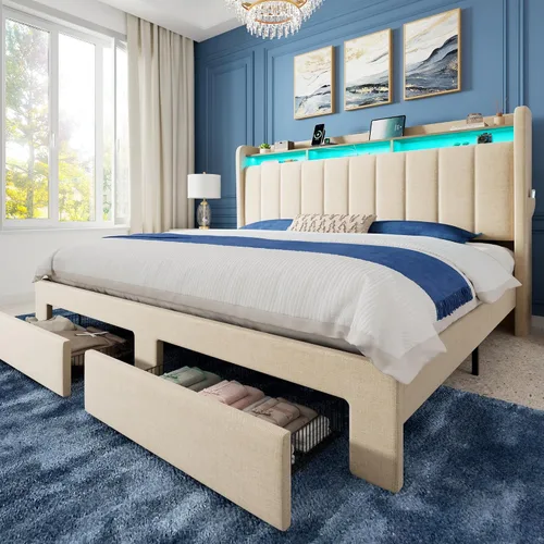 Vista 18 de Allewie - Marco de cama vertical tapizado con plataforma de tamaño matrimonial, con cabecera con almacenamiento de 2 niveles y luces LED, 2 cajones