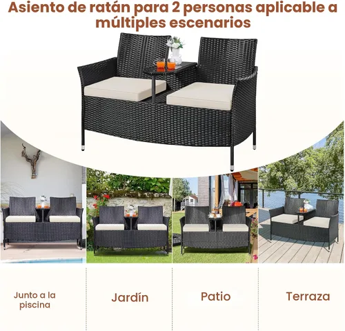 Vista 6 de Yaheetech Sofá biplaza para patio, silla doble de mimbre para exteriores