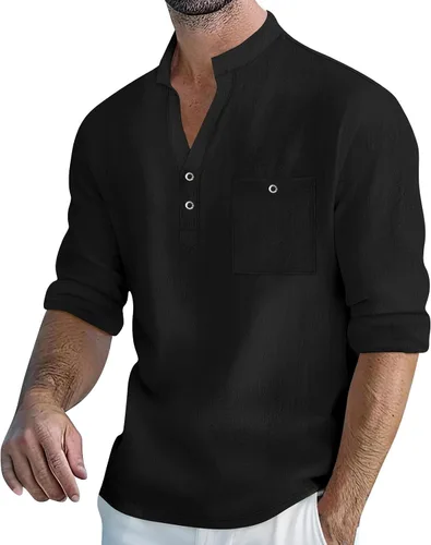 Vista 12 de Men's Henley Shirts Roll-Up Long Sleeve Band Collar Tops Casual Breathable Summer Beach Tees for