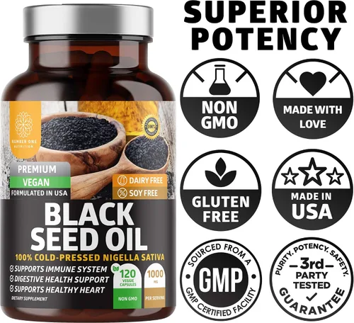 Vista 3 de Number One Nutrition Aceite de semilla negra N1N Premium [fuerza máxima, 1000 mg] 100% prensado en frío Nigela Sativa para apoyar la digestión