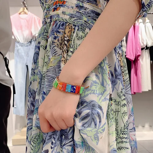 Vista 2 de Pulsera de cuero de chakras, hecha a mano, bohemia, girasol, piedra real, pulseras para mujeres y niñas, tejido de yoga curativo, joyería