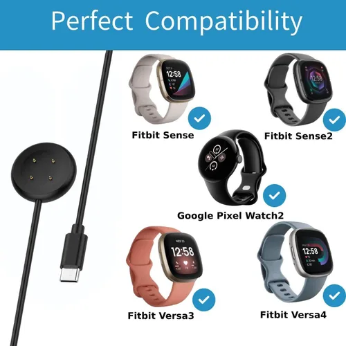 Vista 2 de Paquete de 2 cables de carga USB C para Google Pixel Watch 2/3 y Fitbit Sense/Versa 3/4 (3.3 pies, 4 pines), no para Pixel Watch 1