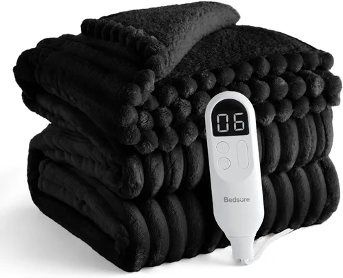Vista 12 de Bedsure Manta eléctrica individual – Manta eléctrica de franela gruesa a rayas, calefacción con 6 ajustes de tiempo (hasta 10 horas), 6 ajustes