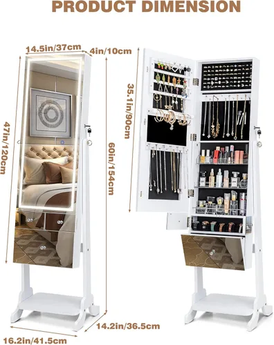 Vista 7 de Becko US Armario de joyería con luz LED de 3 colores cajones de espejo y estante inferior espejo con gafas y almacenamiento de relojes armario