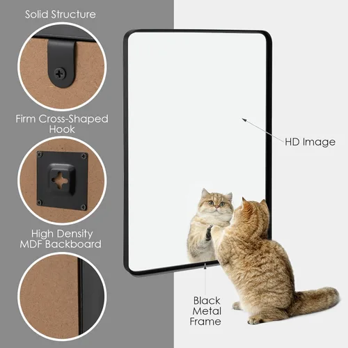 Vista 5 de Tangkula Espejo de baño de 36 x 24 pulgadas para pared, espejo moderno rectangular con marco de acero sólido y esquinas redondeadas, espejo