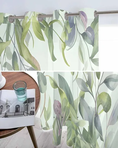Vista 5 de Cortinas traslúcidas de eucalipto verde de 63 pulgadas de largo, juego de 2 paneles de cortinas para cocina, dormitorio, sala de estar, puerta