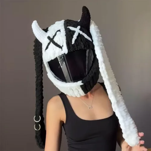 Vista 8 de Lindas fundas para casco de motocicleta con orejas de gato/conejo, cubierta de decoración de casco de cara completa divertida de felpa, gorro