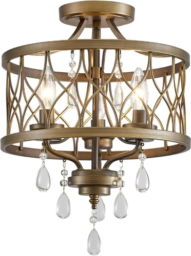 Vista 13 de Lámpara de techo de cristal, moderna lámpara de araña pequeña, lámpara de techo semiempotrada dorada de granja, accesorios de iluminación de pasillo