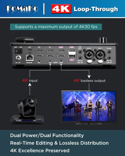 Vista 4 de FoMaKo Conmutador Mezclador de Video HDMI 4K, Pantalla LCD FHD de 5.5 Pulgadas, Conmutador de Transmisión en Vivo HDMI de 4 Canales, Entrada 4K