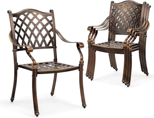 Vista 15 de VINGLI Juego de 2 sillas de patio apilables de aluminio fundido para exteriores con acabado negro vintage y patrón floral, sillones de metal