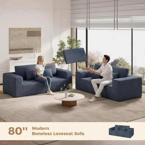 Vista 3 de Luxanimarion sofá biplaza moderno de nube de 80 pulgadas, sin necesidad de montaje, asiento profundo y cómodo, incluye 2 cojines para sala de estar