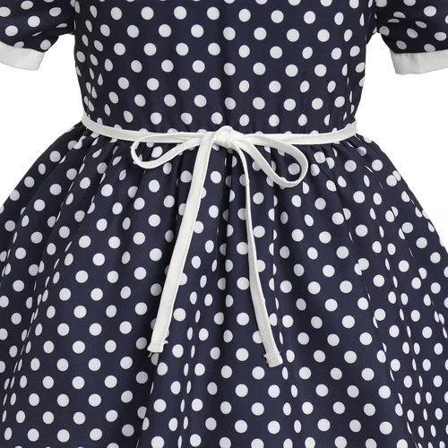 Vista 5 de AWIBMK Disfraz de ama de casa de los años 50 para niñas, vestido vintage de lunares con volantes y delantal diadema, trajes de fiesta de Halloween