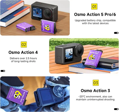 Vista 5 de Batería de 2250 mAh para Osmo Action 6, 2 baterías de repuesto, compatible con Osmo 360, Osmo Action 6, Osmo Action 5 Pro, Osmo Action 4, Osmo