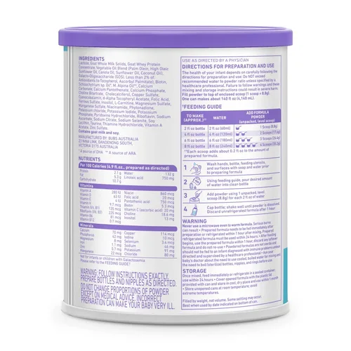 Vista 2 de Bubs Fórmula de leche entera de cabra con hierro, polvo a base de leche de cabra, para bebés de 0 a 12 meses, hecha con leche de cabra sin OMG, 20