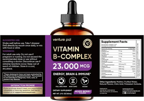 Vista 10 de Venture Pal Vitamina B Complex Liquid Drops, B12 Metilcobalamina B9 Fólico B1, B2, B3, B5, B6, B7 - Vitamina C, colina, inositol, metabolismo